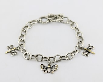 Vintage 14K Yellow Gold Parts Dragonfly And Butterfly Bugs Thailand Bali Design Braided Rolo Chain Bracelet 925 Sterling Silver BR 1590