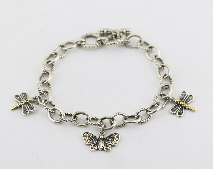 Vintage 14K Yellow Gold Parts Dragonfly And Butterfly Bugs Thailand Bali Design Braided Rolo Chain Bracelet 925 Sterling Silver BR 1590