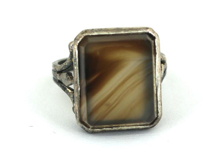 Vintage Beautiful White Brown Quartz Healing Square Shape Ring 925 Sterling Silver RG 4432