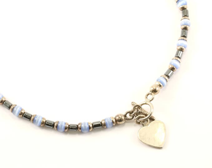 Vintage Blue Chrysoberyl Beaded Heart Tag Toggle Necklace 925 Sterling Silver NC 1494
