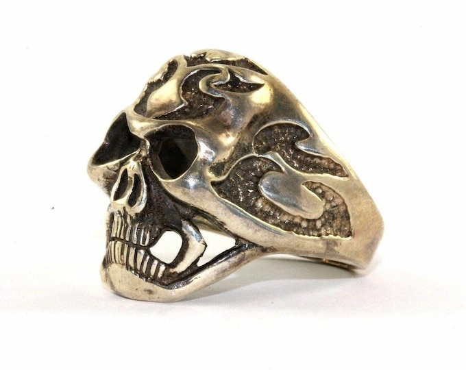 Vintage Size 10.5 Men's Skull Biker Flame Design Ring  925 Sterling Silver Rg 2242