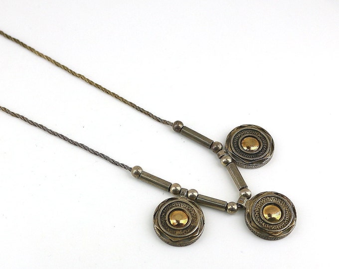 Vintage Three Shiny Flat Round Circles With Yellow Gold Beads Beaded Israel Design Necklace 925 Sterling Silver NC 1688