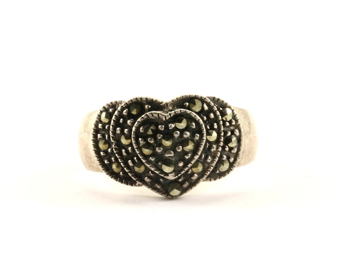 Vintage Size 7.25  Heart Shape Marcasite Design Ring 925 Sterling Silver RG 1761