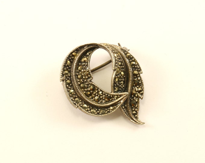Vintage Scroll Leaf Leaves Marcasite Design Pin/Brooch 925 Sterling BB 1665