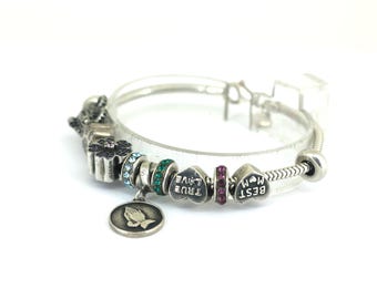 Vintage Italy True Love Glow Beaded Charm Design Black Rope Chain Bracelet 925 Sterling Silver BR 2599