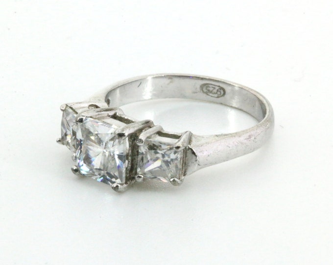Size 5 Three Large Rectangle Crystal Vintage Engagement Ring 925 Sterling Silver RG 1353