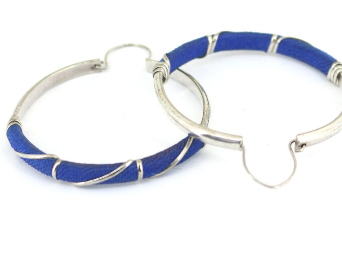 Vintage Blue Thread Design Beautiful Elegant Hoop Earrings 925 Sterling Silver ER 464