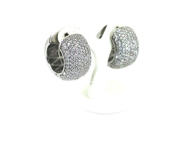 Vintage Shiny Chunky w/ CZ Crystal  Hoop Earrings Sterling 925 ER 1506