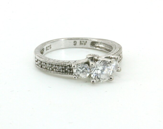 Size 9 Vintage Three  White CZ Crystals Design Engagement Ring 925 Sterling Silver RG 2858