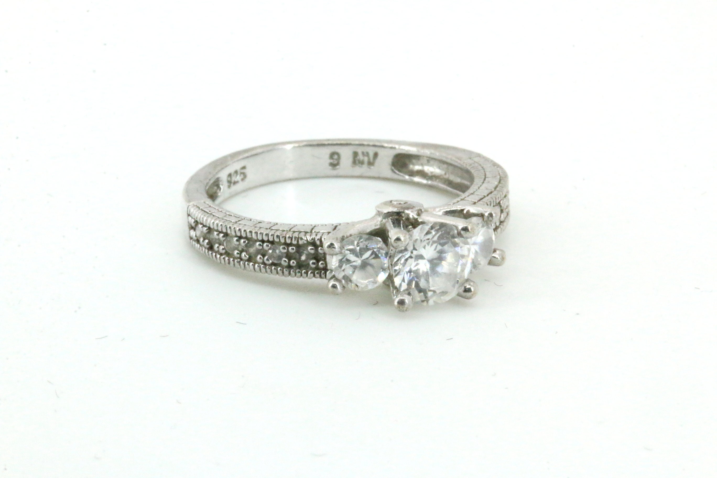 Size 9 Vintage Three White CZ Crystals Design Engagement Ring 925