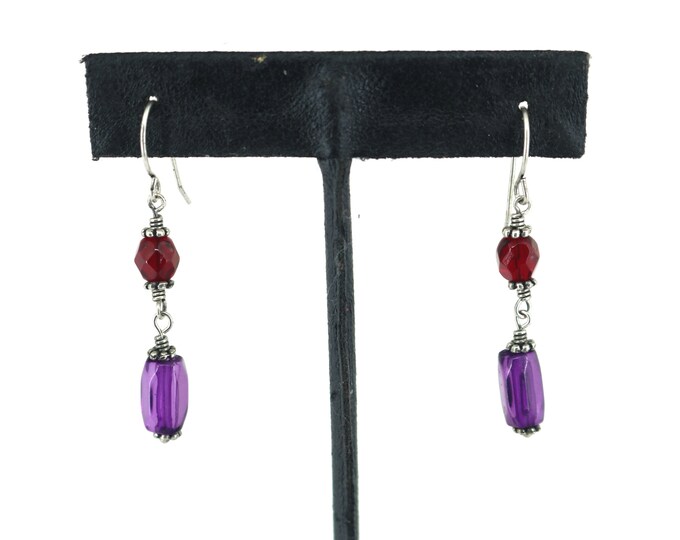 Vintage Handcrafted Red & Purple Beads Design Drop Dangle Earrings Sterling Silver 925 ER 819