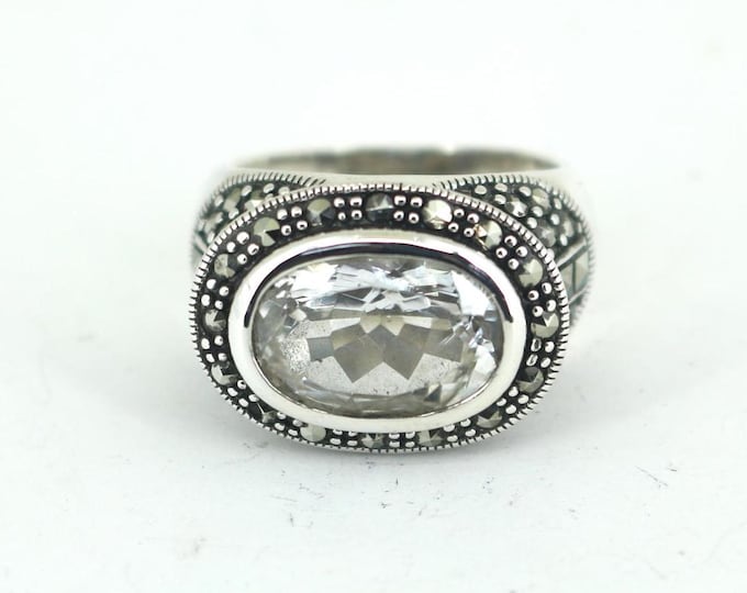 Vintage Large Oval Crystal CZ& Marcasite Flower Floral Design Statement Ring Sterling Silver 925 RG 4559