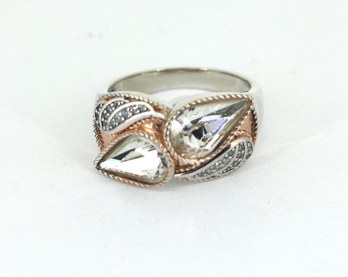 Vintage Beautiful Double Marquise Shape Inlaid CZ Gold Plated Ring 925 Sterling Silver RG 4017