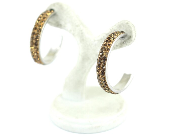 Vintage Elegant Yellow Stone Inlay CZ Hoop Stud Back Earrings Sterling Silver ER 726