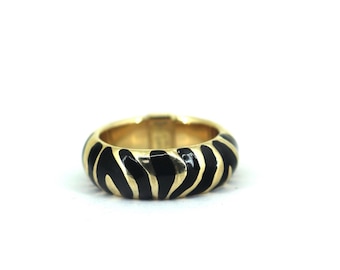 14K Yellow Gold Enamel Zebra Stripe Band Ring Size 8