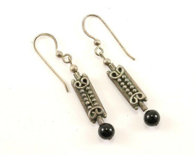 Vintage Beaded Design Onyx Dangle Earrings 925 Sterling Silver Er 1170(123759755531)
