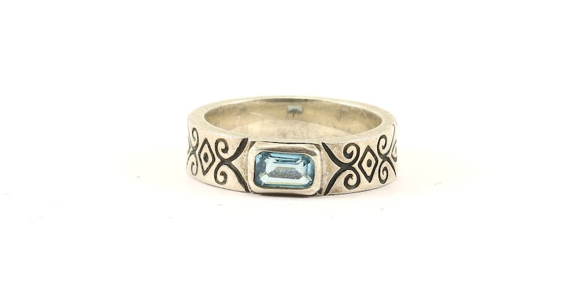 Vintage Octagon Blue Crystal Ring 925 Sterling Silver Ring RG 1090-E