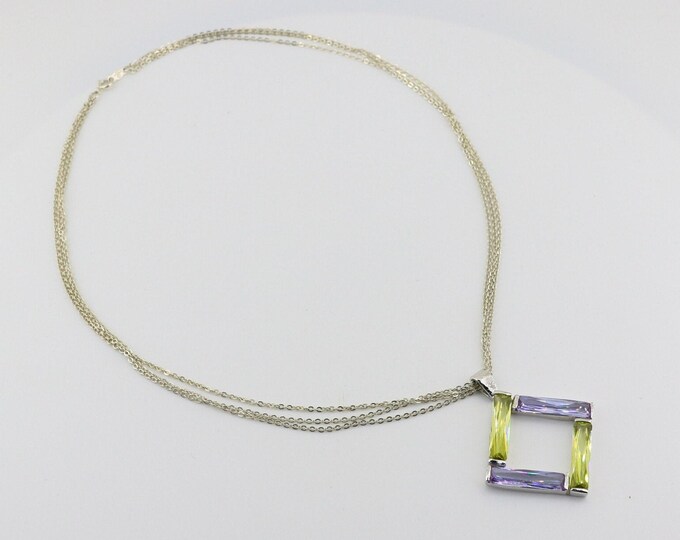 Vintage 18 Inch Baguette Green Purple Crystals Square Shape Design Pendant Multi Strand Chain Necklace 925 Sterling Silver NC 858M