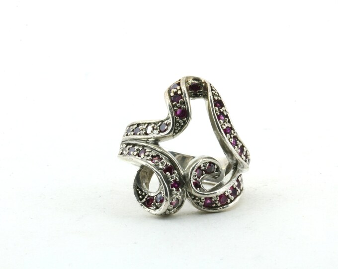 Vintage Size 6.75 Red Ruby Color Crystals Design Ring 925 Sterling RG 178