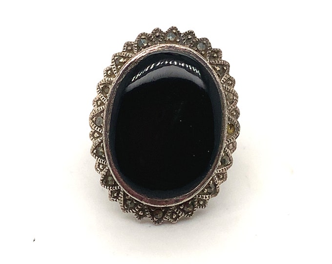 Vintage Size 8 Black Onyx Stone Stone Ring | Marcasite Design Stone Ring | Floral Design Ring | 925 Sterling  Silver Ring RG 1241B