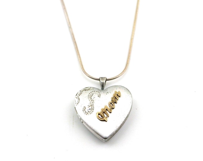 Vintage 14K Yellow Gold Word Mom Puffy Heart Locket Design Necklace 925 Sterling Silver NC 2011S
