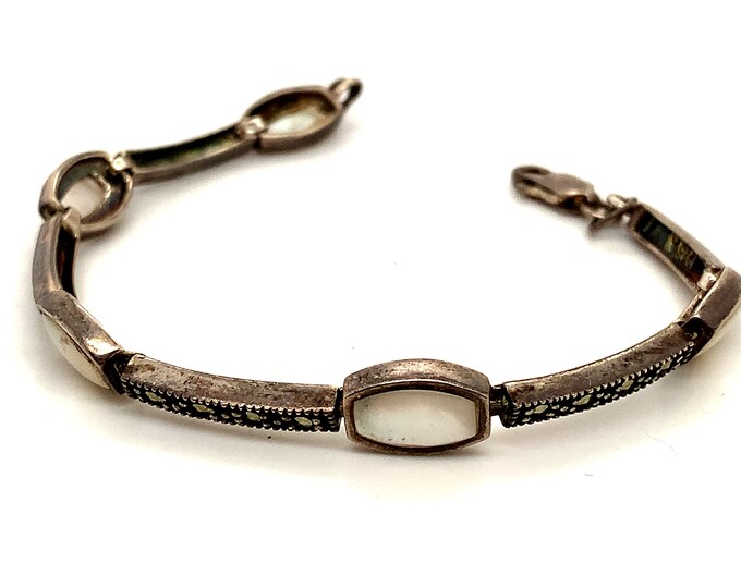 Vintage Bracelet | Marcasite Stones Design | Mothers of Pearl Stone Design Bracelet |  Sterling Silver 925 Bracelet | BR 3953V
