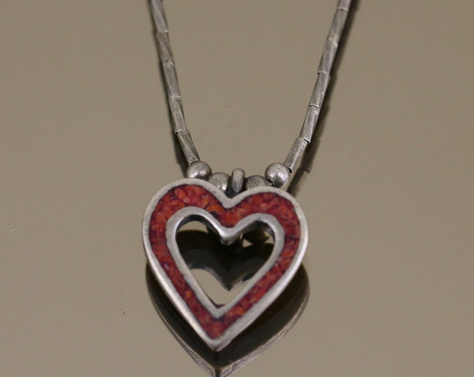 Vintage Beads Beaded Red Coral Heart Dainty Design Necklace 925 Sterling Silver NC 162