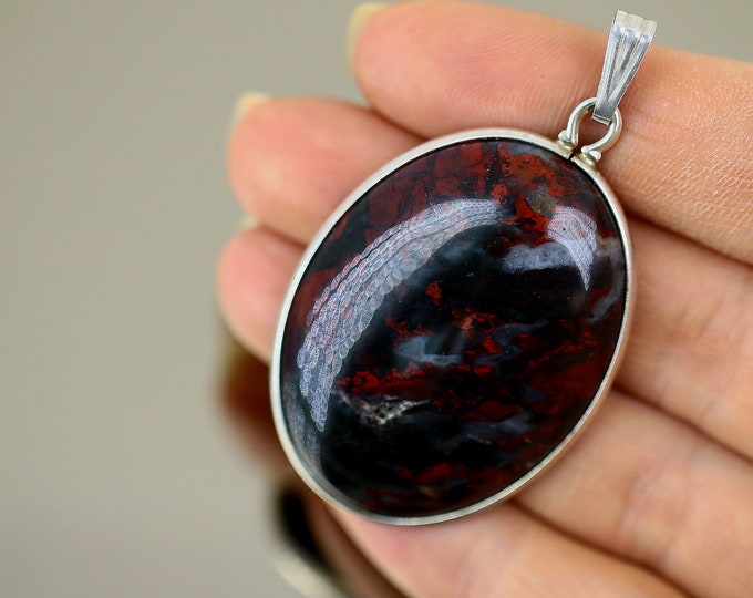 Vintage Large Natural Jasper Healing Stone Design Pendant 925 Sterling Silver PD 936