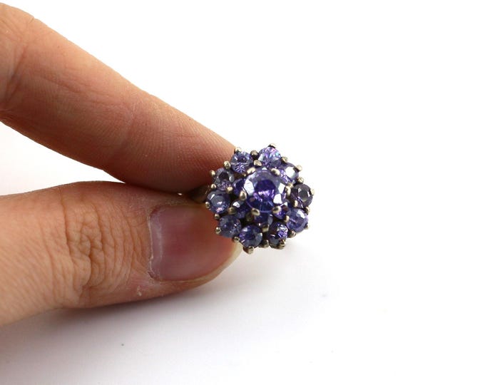 Vintage Size 8 Purple Amethyst Crystals Flower Shape Design Ring 925 Sterling Silver Size 8 RG 2338L