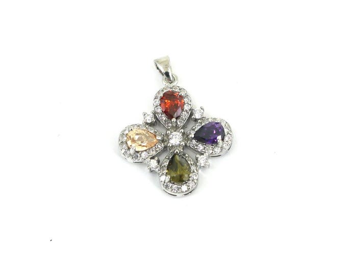 Vintage Beautiful Rhombus Design Multi Color Gemstone Pendant 925 Sterling Silver PD 2453