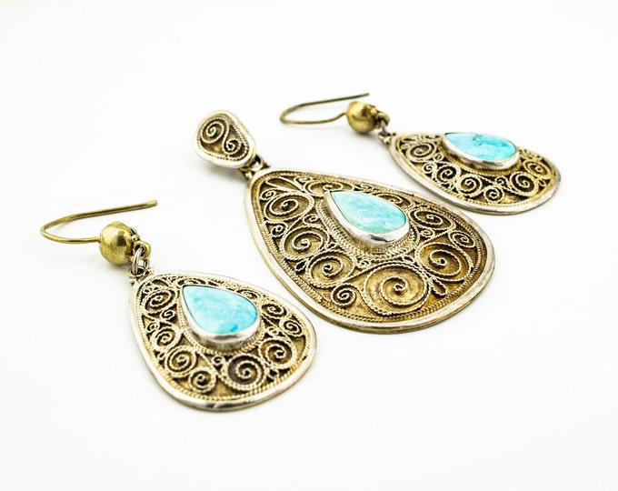 Teardrop Shape Floral Textured Shiny Turquoise Design Beautiful Vintage Dangle Drop Earrings & Pendant Set 925 Sterling Silver Er 769Q