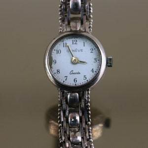 Vintage Italy Geneve Elegant Beaded Shiny Square Links Quartz Watch 925 Sterling Silver NR 44