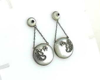 Vintage Shiny Round White Mother Of Pearl & Marcasite Stud Back Earrings Sterling Silver 925 ER 852