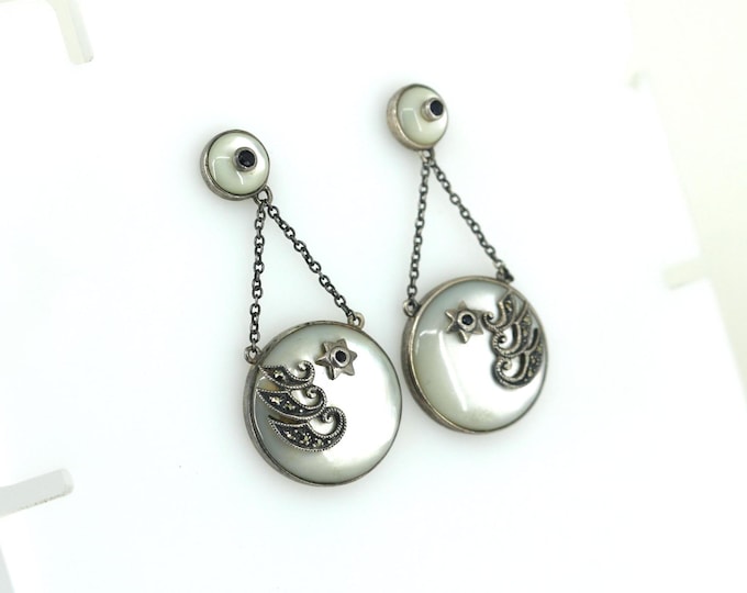 Vintage Shiny Round White Mother Of Pearl & Marcasite Stud Back Earrings Sterling Silver 925 ER 852