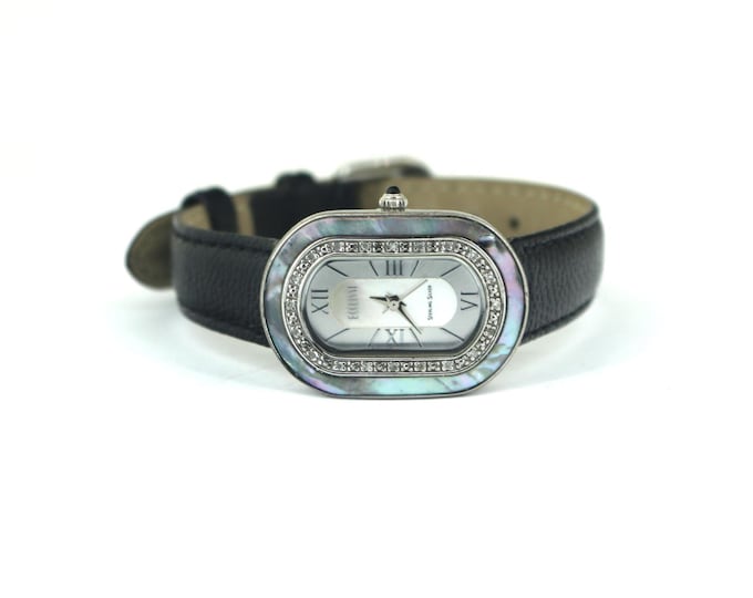 Vintage Ecclissi Black Genuine Leather Japan Quartz Diamond &  Mother of Pearl Watch Sterling OT 016