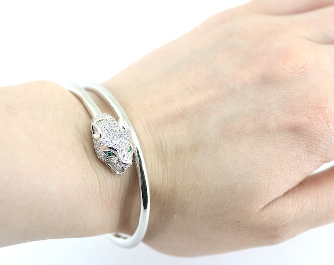 Vintage Panther Face Ends  CZ  Design Cuff Bracelet  925 Sterling Silver BR 156