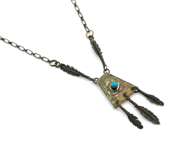 Vintage 20 Inch Blue Turquoise Feathers Ethnic Tribal Randy Hoskie Navajo Design Pendant Chain Necklace 925 Sterling NC 787N