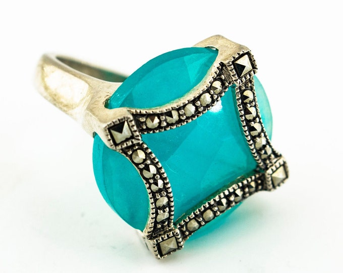 Size 9 Large Shiny Aquamarine and Marcasite Stones Rhombus Design Vintage Cocktail Ring for Women 925 Sterling Silver RG 1512Q