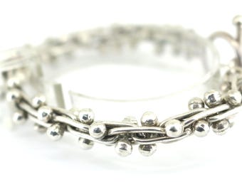Vintage Mexico Bar Bead Link Heavy Design Toggle Clasp Bracelet 925 Sterling Silver BR 3773