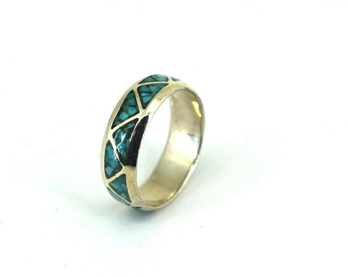 Vintage Size 12 Zigzag Blue Turquoise Design Band Ring 925 Sterling Silver RG 4175