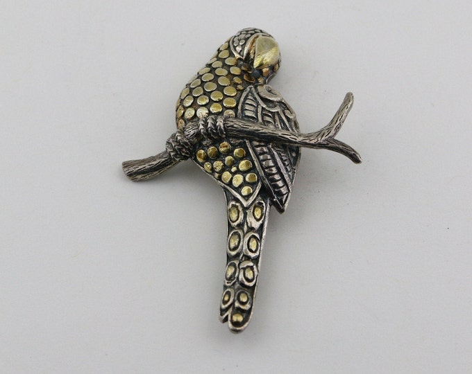 Beautiful Shiny Macaw Parrot Gold Plated Two Tone Animal Design Brooch Sterling Silver 925 BB 2344S