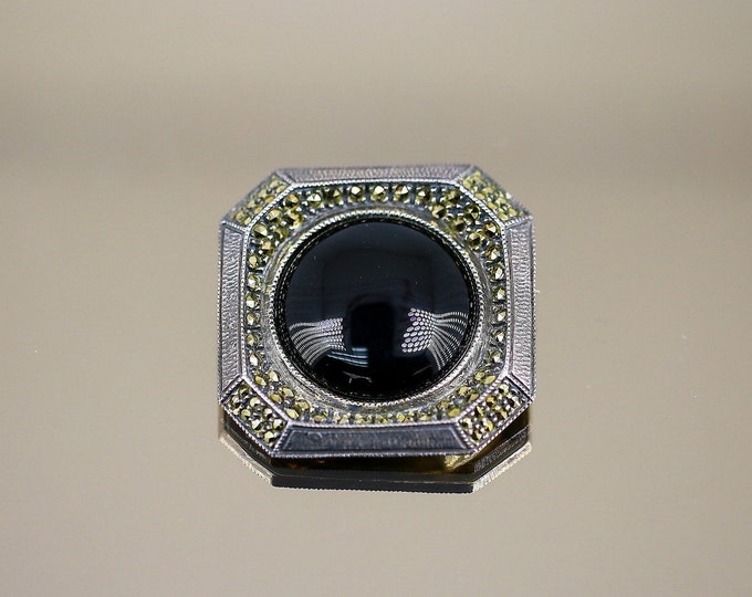 Vintage Round Black Onyx Square Shape Marcasite Stones Design Brooch Sterling 925 BB 2198
