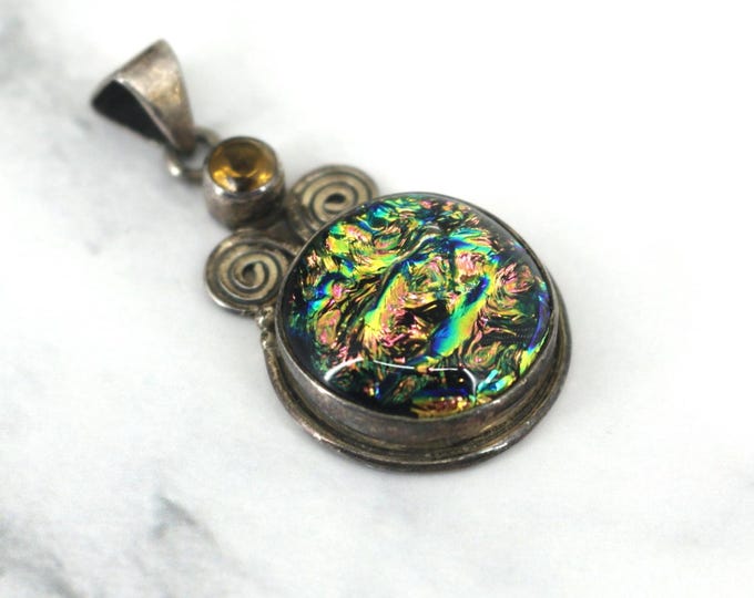 Vintage Multi-Color Round Dichroic Glass Citrine Round Pendant 925 Sterling Silver  PD 1218