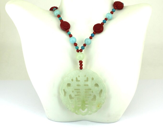Vintage Lynda H Design Chinese Jade "Longevity/Blessing" Necklace Sterling NC 015
