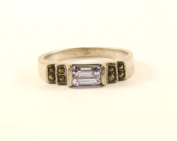 Vintage Thin Purple Bar Crystal Marcasite Design Ring 925 Sterling Silver RG 4229