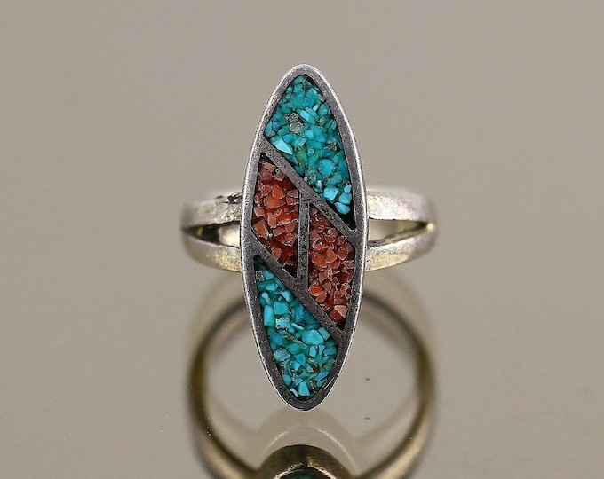 Vintage Size 5  Oval Spider Web Turquoise Coral Navajo Design Ring 925 Sterling Silver RG 972