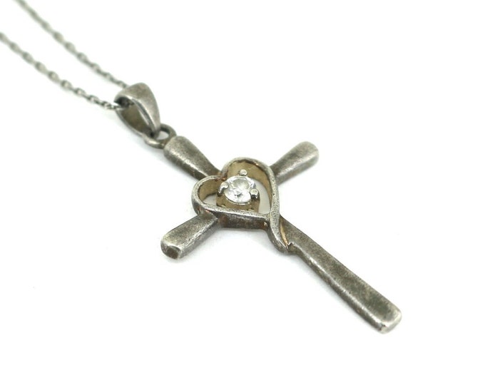 Vintage  Italy Cross Heart Shape Inlaid CZ  Pendant Necklace 925 Sterling Silver NC 245