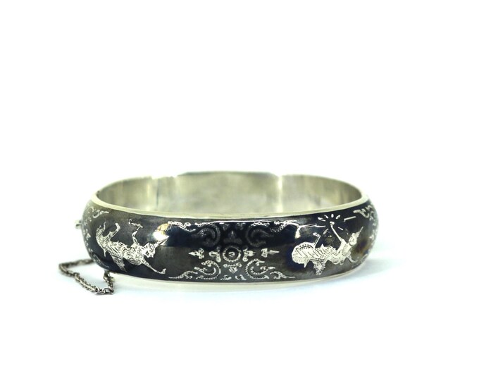 Vintage Thailand Siam Navy Blue Enamel Bangle Bracelet 925 Sterling BR 2294