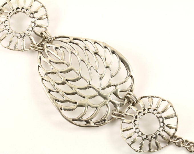 Vintage Beautiful Large Leaf Leaves Open Design Link Bracelet 925 Sterling BR 2233
