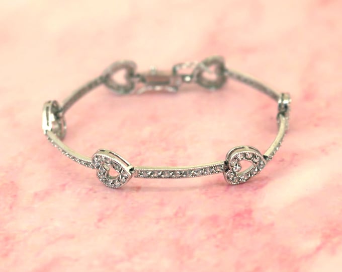 Vintage CZ Crystals Heart Link  Tennis Bracelet 925 Sterling BR 191